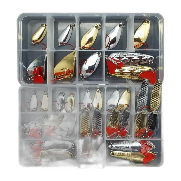 Box of silver, gold and coloured wobbling spoons