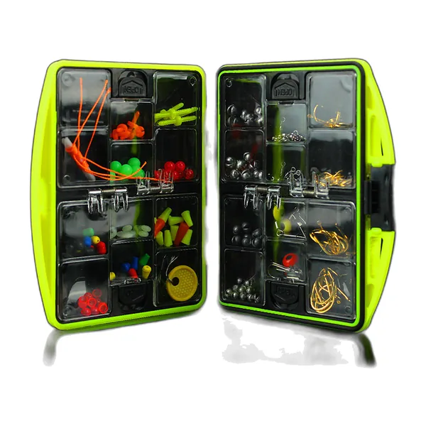 Assortment of small boxes holding fishing rigging accessories