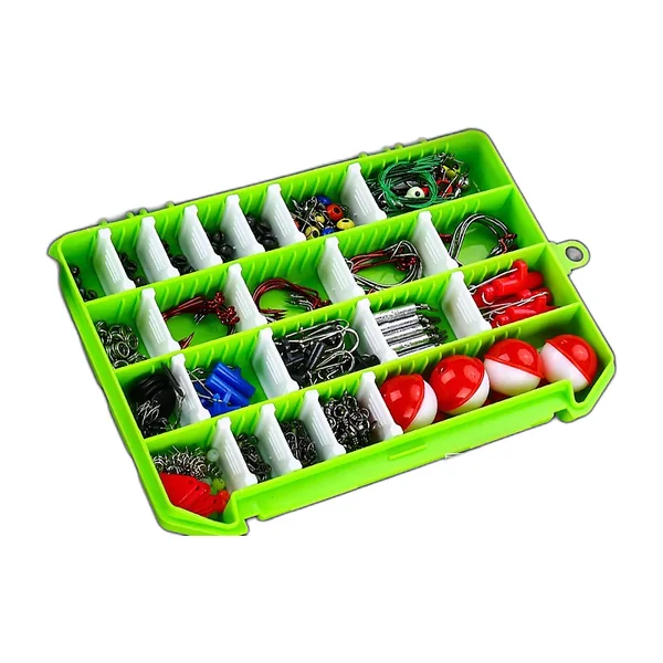 Boîte verte remplie d'accessoires de pêche variés