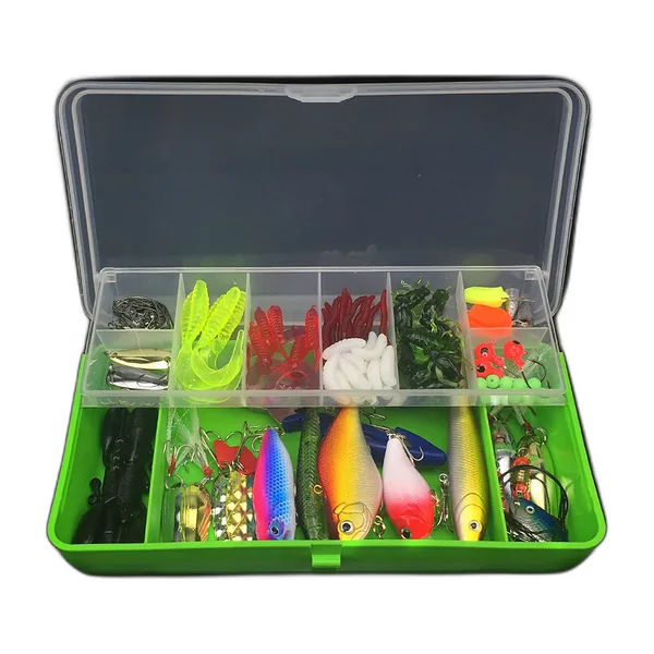Open box of assorted fishing lures sorted into compartments