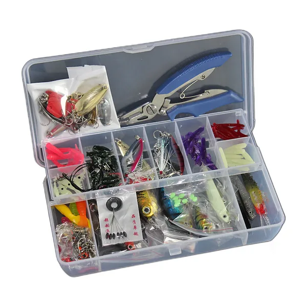 Open box of 132 fishing lures sorted into compartments