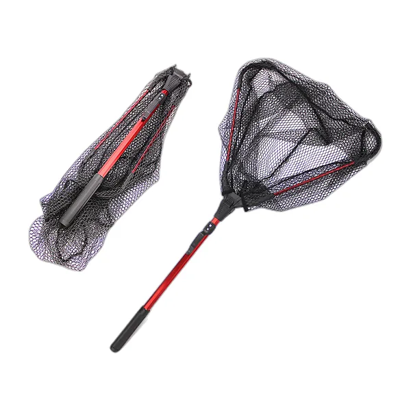 Red folding triangular landing net with short aluminium handle