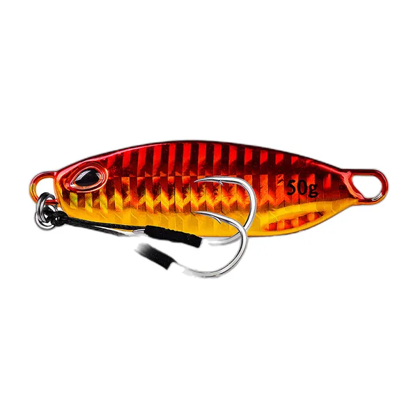Trois jigs métalliques plats de couleurs différentes avec leurs assist hooks