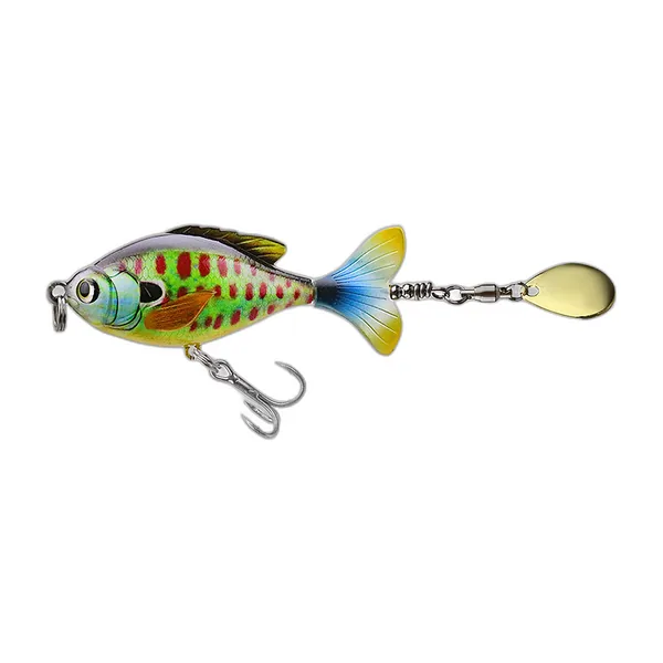 Five small fish-shaped lures with a rotating metal blade at the tail, in different colours