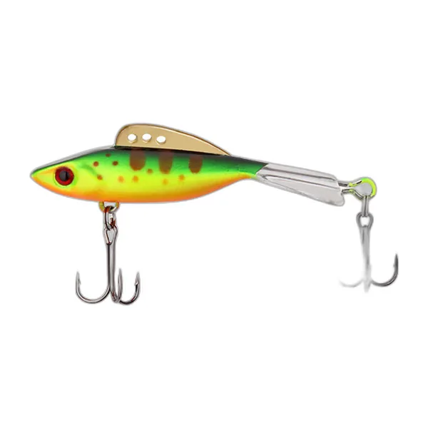 Vier platte metalen blade baits in verschillende kleuren met dreg