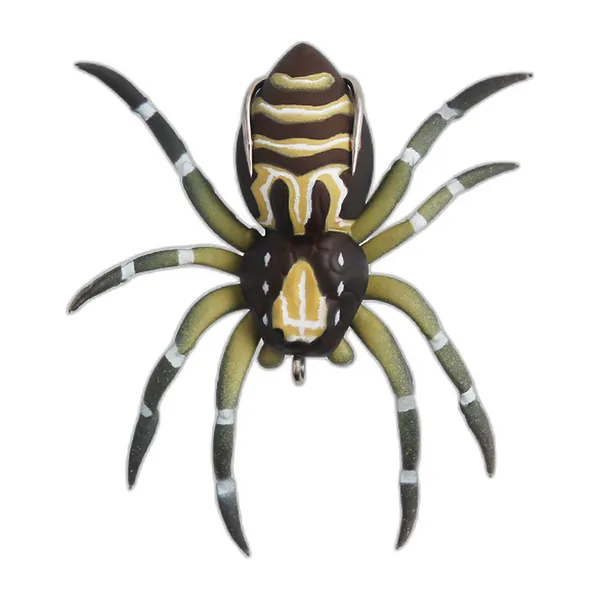 Six soft spider-shaped lures in different colours laid side by side