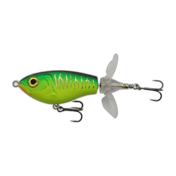 Four floating fish-shaped lures with a rotating propeller at the tail, in different colours