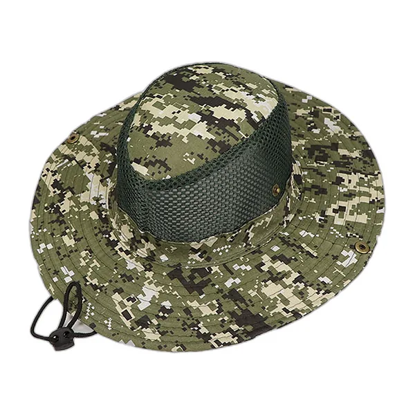 Due cappelli da pescatore mimetici a tesa larga, verde scuro e giallo terra