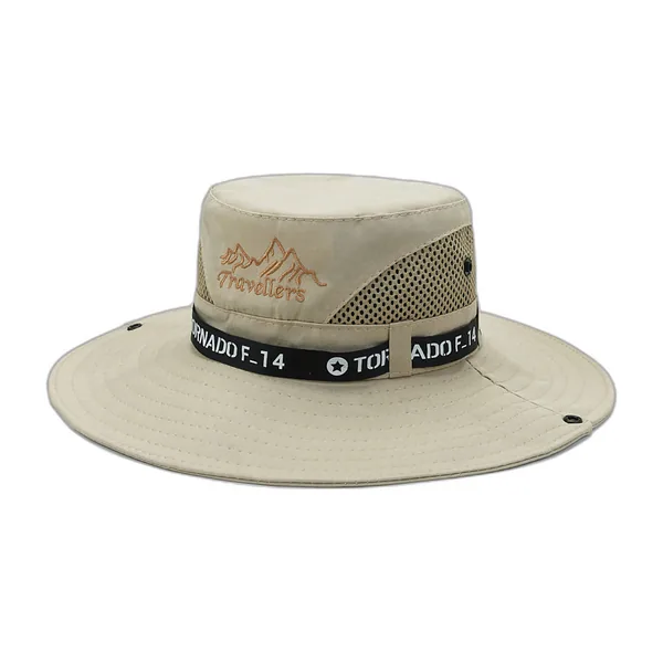 Cappello da pesca kaki a tesa larga con calotta piatta