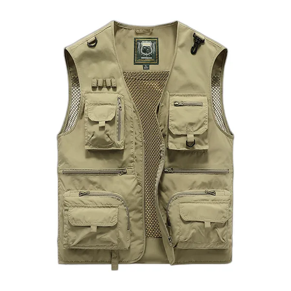 Gilet da pesca kaki con molte tasche e schiena removibile