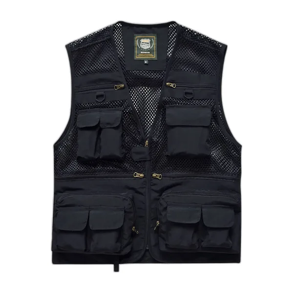 Gilet da pesca nero in rete con molte tasche con zip