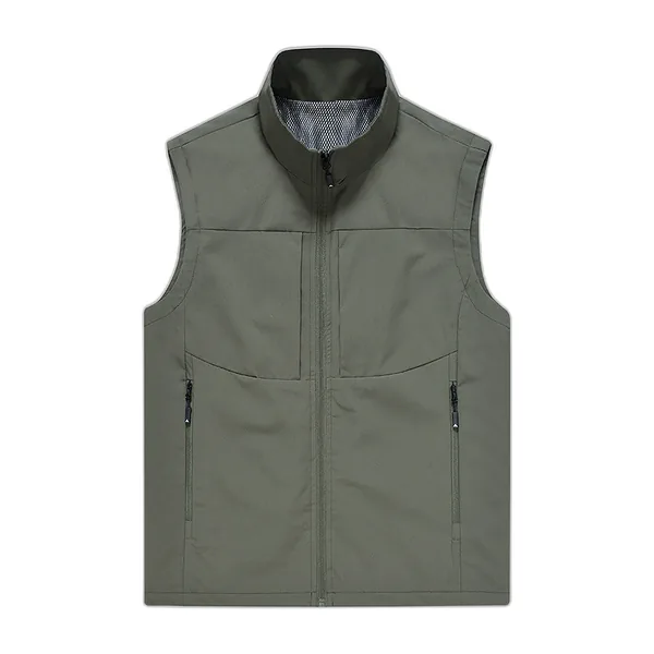 Gilet smanicato verde militare con collo alto e tasche frontali con zip
