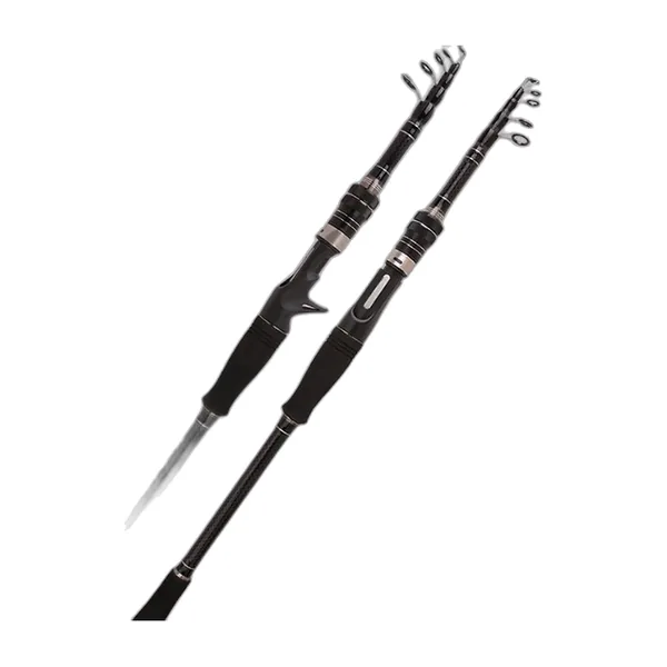 Black telescopic carbon rod with straight handle and a silver and black spinning reel
