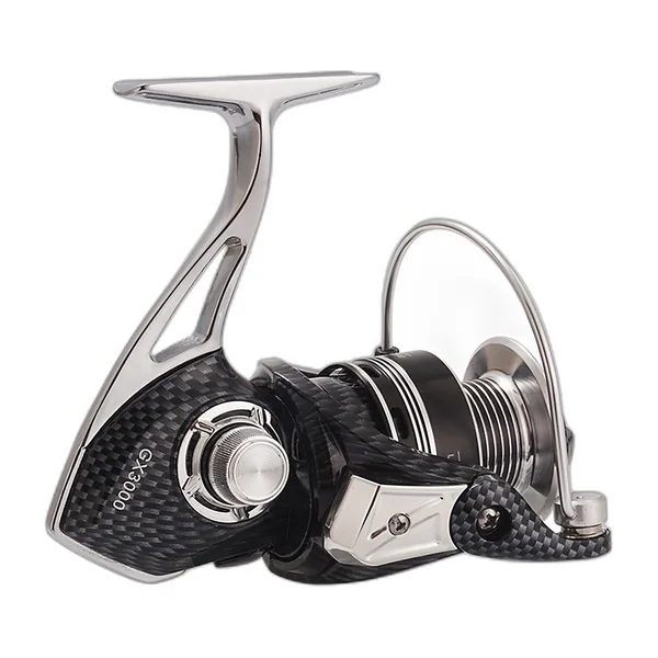 Black and silver metal-bodied spinning reel seen from the side